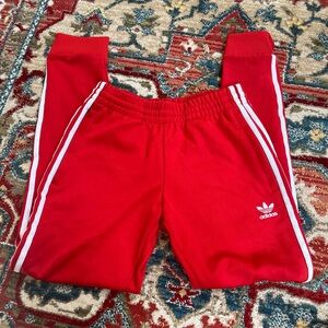 adidas Red Track Pants with White Three-Stripes